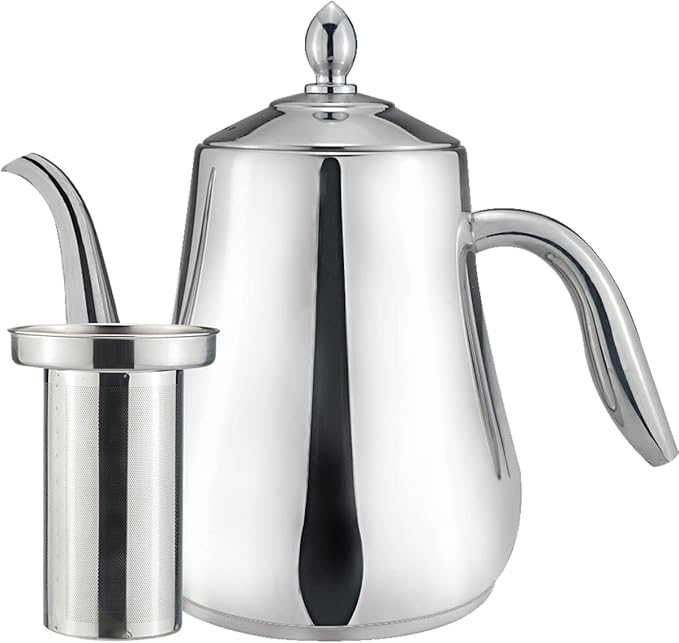 SANQIAHOME Stainless Steel Teapot with strainer Tea Pot With Removable Infuser or filter for Loose Leaf and Tea Bags cold water Pitcher Tea Maker Dishwasher Safe (silver, 1550ml(51Oz))