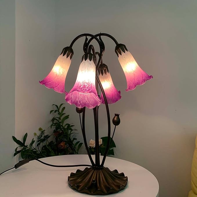 Bieye L10848 Lily Flower Blown Glass Accent Table Lamp for Living Room Bedroom Decoration (4-Light, Pink) - Bloomnest