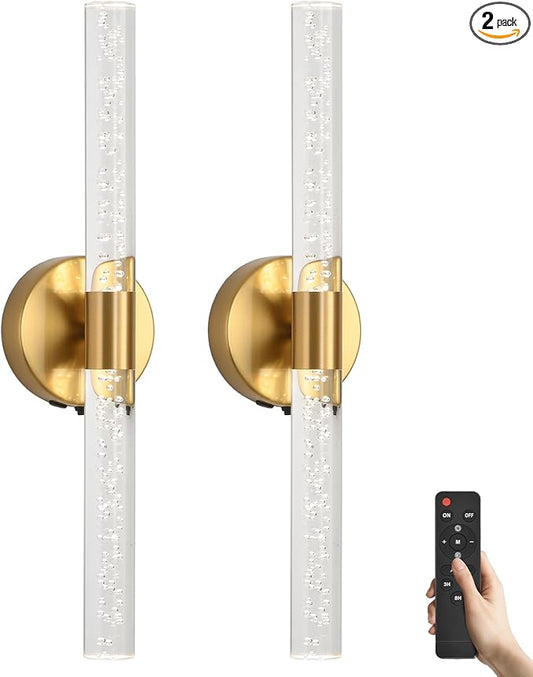Battery Operated Wall Sconces Set of Two, Gold 20'' Rechargeable Crystal Bubble Wall Sconce with Remote Control, 3000K-6000K Dimmable LED Wireless Wall Lights for Living Room Bedroom Bathroom Hallway - Bloomnest