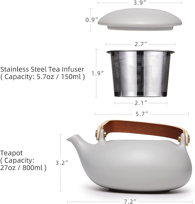 ZENS Vintage Japanese Teapot with Strainer, 27oz Matte Ceramic Loose Leaf Teapot with Infuser, Wood Handle Gray Japanese Teapots Hot Tea Brewer Pot for Women, Tea Lovers Gifts - Bloomnest