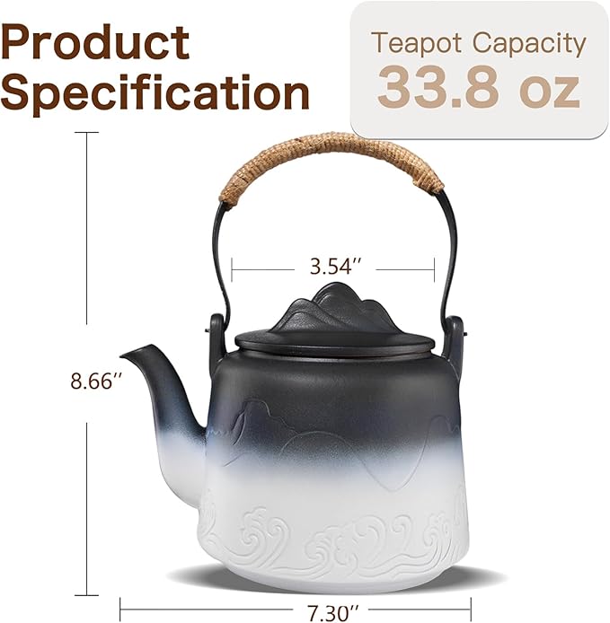 ZENS Vintage Japanese Teapot, 33.8 oz Gradient Embossed Ceramic Loose Leaf Tea Pot with Built-in Filter for Tea Steeper, Hemp Rope Handle Japanese Teapot for Tea Lovers Gifts, Black & White - Bloomnest
