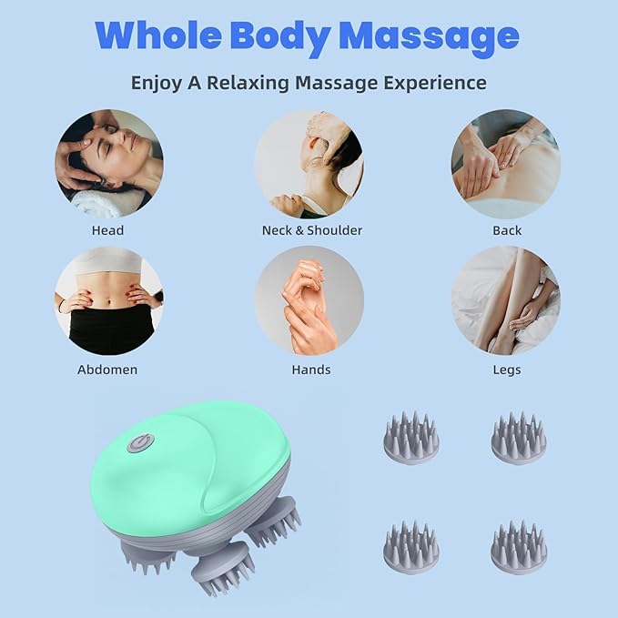 Electric Scalp Massager for Men Women, Handheld Cat Dog Pet Head Massager with 4 Massage Heads, 3 Speeds, Waterproof, for Hair Growth, Soothing Muscles Joints, Stress Relax(Green) Bloomnest