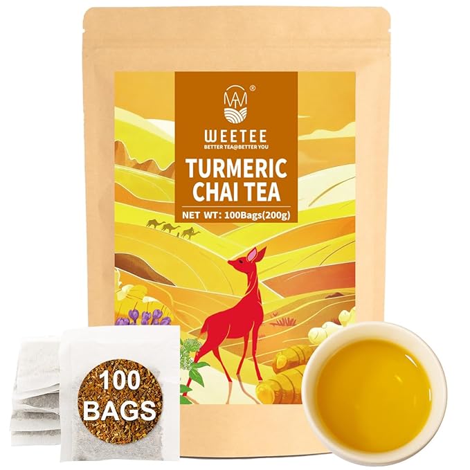 WT WEETEE Turmeric Chai Tea Bags, 2g x 100 Count, Caffeine-Free Turmeric Spiced Chai Tea, Includes Cinnamon, Licorice, Ginger Root, Cardamom, Cloves & More - Bloomnest