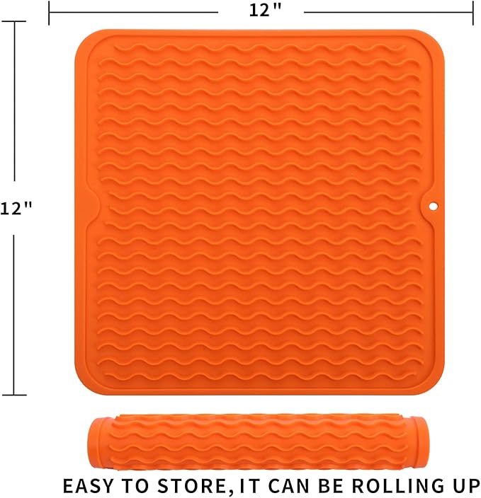 Silicone Dish Drying Mat for Multiple Usage,Easy clean,Eco-friendly,Heat-resistant Silicone Mat for Kitchen Counter or Sink,Refrigerator or Drawer liner Orange M 12 inches x 12 inches - Bloomnest