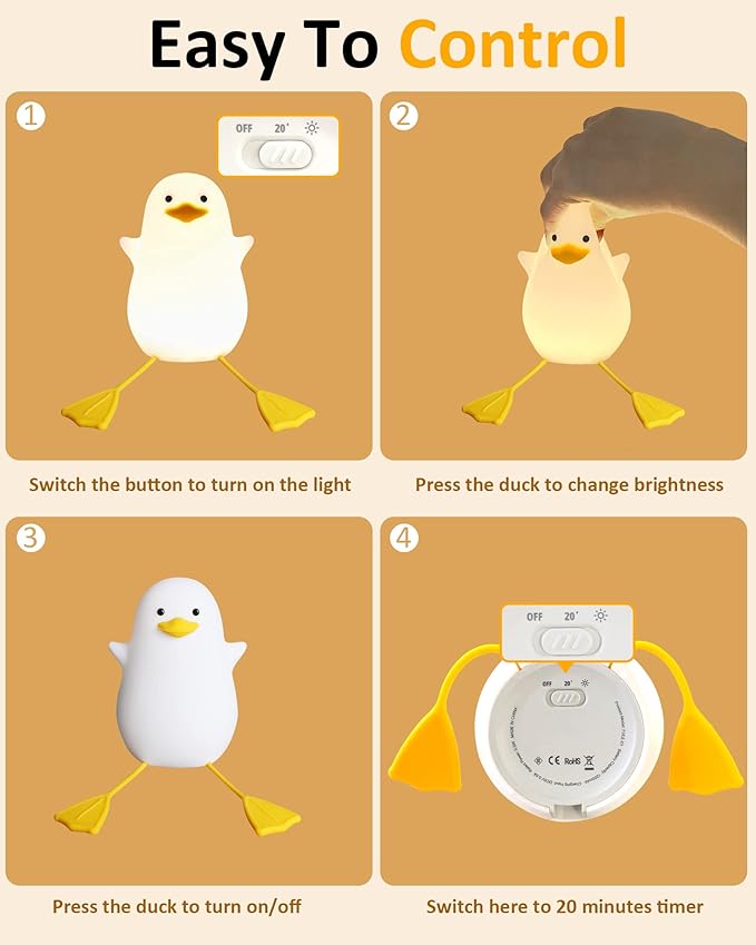 Attivolife Duck Night Light for Kids, Cute Animal Silicone Lamp Touch Control + Dimmable + Timer, USB Rechargeable LED Feeding, Bedside Bedroom Decor Birthday Gifts for Toddler Baby Women - Bloomnest