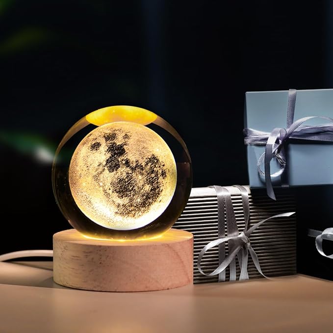 3D Moon Crystal Ball with LED Stand, Moon Figurine Decor Glass Sphere Lamp, Space Planet Globe Night Light Gifts for Women Men Mom Kids - Bloomnest