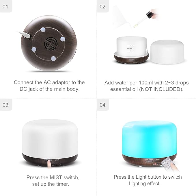 300ML Essential Oil Diffuser with Remote Control,Ultrasonic Aromatherapy Air Diffuser Humidifier,Aroma Diffuser with 7 LED Color Changing Light for Large Room,Home (Dark Wood Grain) - Bloomnest