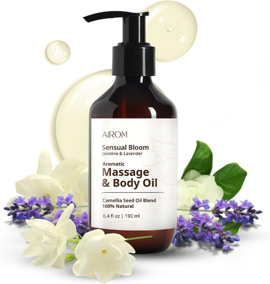 AiROM Jasmine & Lavender Massage Oil for Massage Therapy - Scented Body Oil for Women – Hypoallergenic, Relaxing Aromatherapy, Non-Greasy, Spa Quality - Gift for Her, Spa Gift - 6.4 fl oz