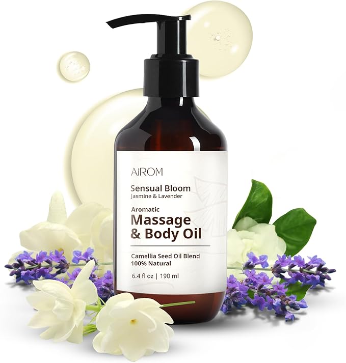 AiROM Jasmine & Lavender Massage Oil for Massage Therapy - Scented Body Oil for Women – Hypoallergenic, Relaxing Aromatherapy, Non-Greasy, Spa Quality - Gift for Her, Spa Gift - 6.4 fl oz - Bloomnest
