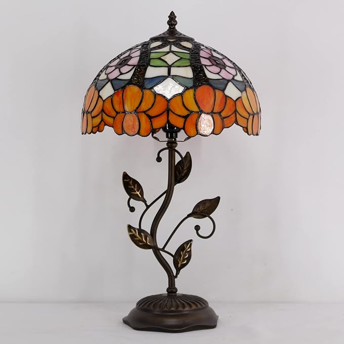 Tiffany Lamp Orange Flower Stained Glass Table Lamp Desk Bedside Reading Light 12X12X19 Inches with Metal Leaf Base Decor Bedroom Living Room - Bloomnest