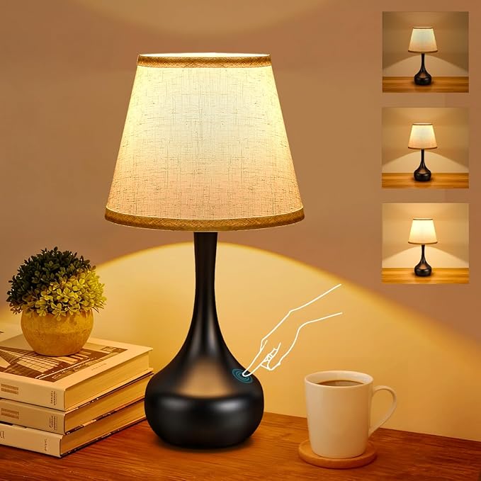 Touch Table Lamp for Bedroom, 3-Way Dimmable Table Lamps for Nightstand with Fabric Shade, Lamps for Living Room，Desk Lamps for Home Office, Black Lamp for Bedroom - Bloomnest