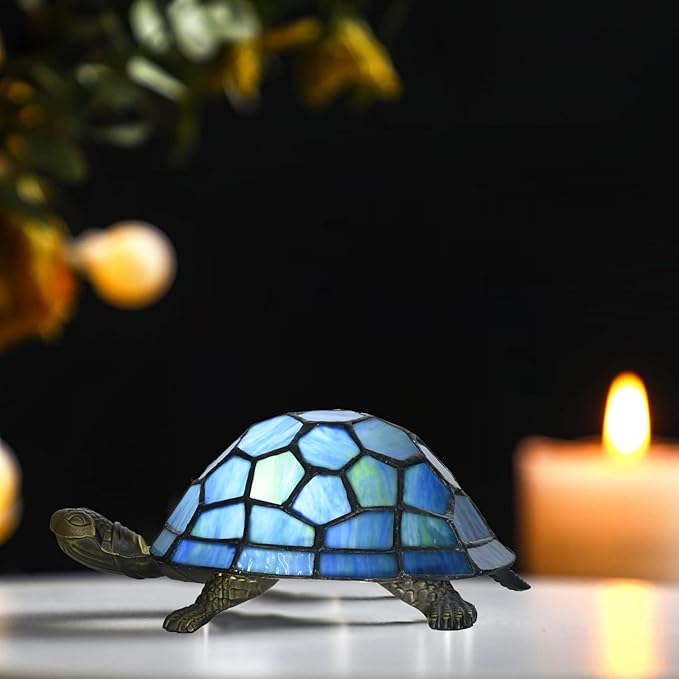 A0020 Turtle Tiffany Style Accent Table Lamp Handmade Stained Glass Animal Night Light for Bedside Livingroom Bedroom Home Decoration (Blue Turtle) - Bloomnest