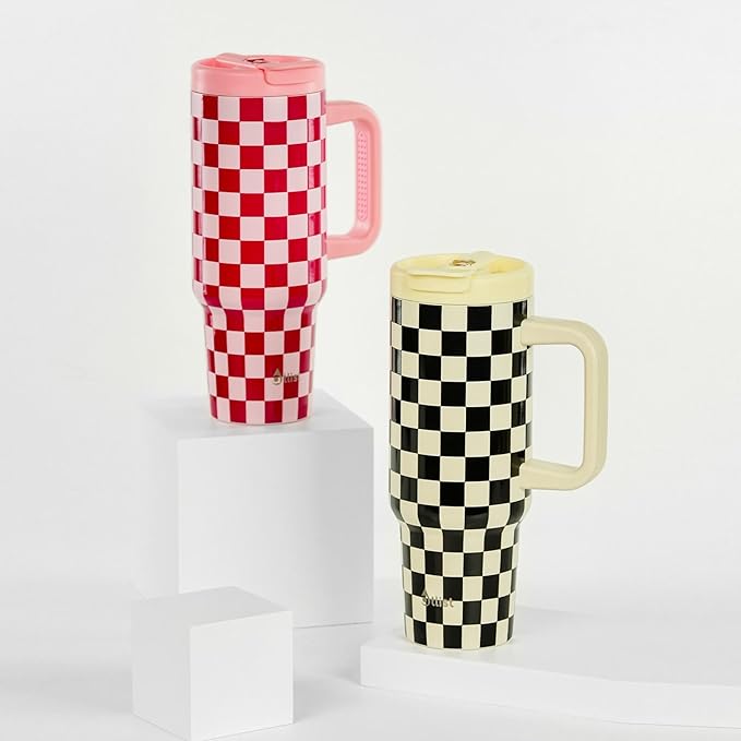 ProTour 100% Leakproof 40 oz Tumbler with Handle & 4-in-1 SipSwig Lid | Built-In Flip Straw & External Stainless Steel Straw | Insulated Stainless Steel Cup | BPA-Free | Black & White Checkered - Bloomnest
