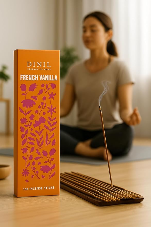Dinil French Vanilla Incense Sticks – 100 Sticks | Hand-Rolled, Charcoal-Free | Clean Burn, Low Smoke | Aromatic Incense for Meditation, Yoga & Home Fragrance