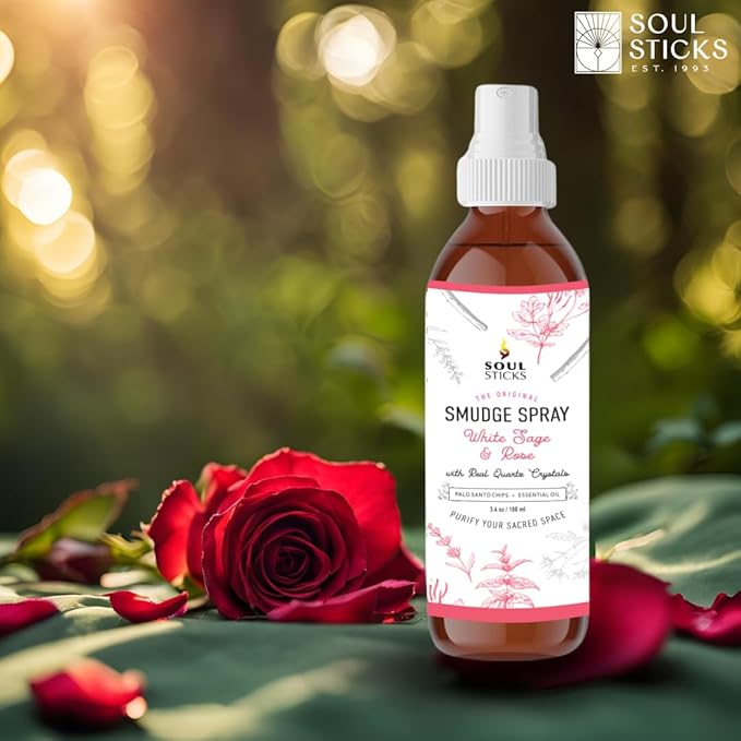 SOUL STICKS White Sage & Rose Smudge Spray For Cleansing and Negative Energy | 3.5oz Sage Smudge Spray with Real Quartz Crystals | Car Air Freshner Fragrance Sage Room Spray for Spiritual Cleansing SoulSticks