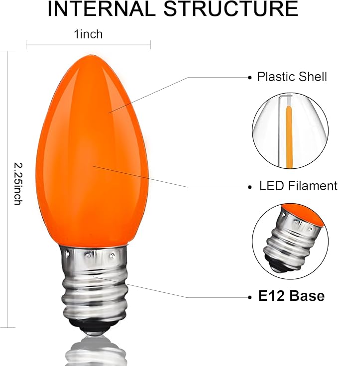 C7 Orange LED Light Bulbs, 25-Pack E12 Base, Halloween & Outdoor String Lights, Waterproof, Energy-Efficient Night Light Bulbs, Replacement Bulbs for Porch, Patio, Yard & Holiday Decor - Bloomnest