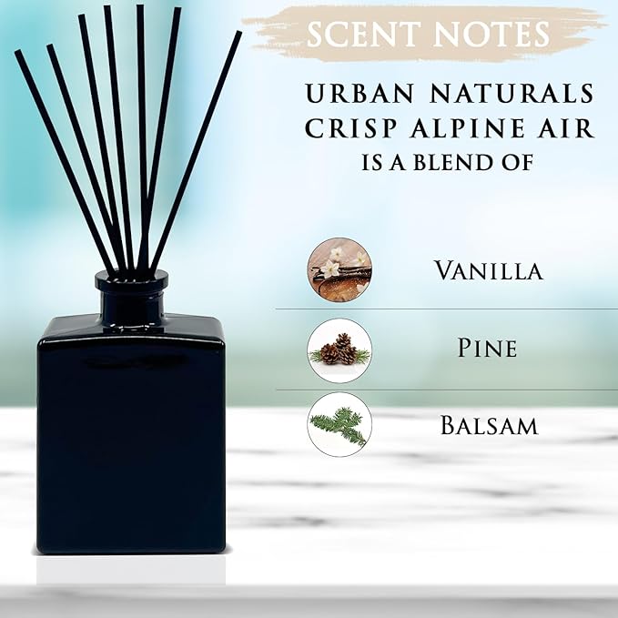 Urban Naturals Crisp Alpine Air Reed Diffuser Set with Eucalyptus, Citrus, Vanilla, Pine & Balsam Notes – 5 Ounce Sleek Black Rectangular Refillable Glass Bottle – Made in the USA UrbanNaturals
