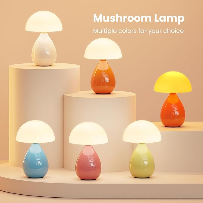 Mushroom Side Table Lamp, Mini Modern Lamp Small Vintage Table Bedside Nightstand Light, Small Light Dimmable for Bedroom, Living Room, Ceramic Base Glass Led Home Decor for Woman Gifts - Bloomnest