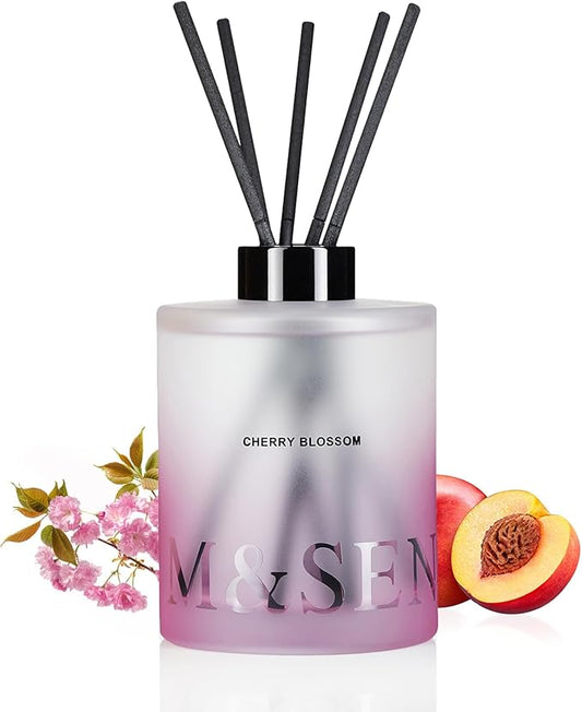 M&SENSE Cherry Blossom Reed Diffuser Set - 16.9 fl oz Long-Lasting Scent, Non-Toxic Natural Essential Oil Diffuser with Sticks, Home Fragrance Diffuser Gift for Office Bathroom Bedroom MSENSE