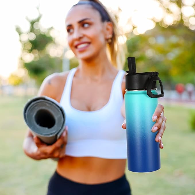 Volhoply Kids Insulated Water Bottle with Straw,16oz Stainless Steel Cold Water Bottles for School,BPA-Free Metal Wide Mouth Cups with Handle,Reusable Double Wall Vacuum Sport Flask(Green Blue,1) - Bloomnest