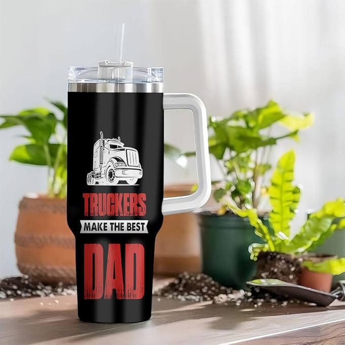 Personalized Trucker Dad Tumbler 40oz with Handle and Straw, Custom Semi Truck Design with Kids’ Names, Gift for Truck Driver Papa or Grandpa for Father’s Day, Birthday or Christmas - Bloomnest