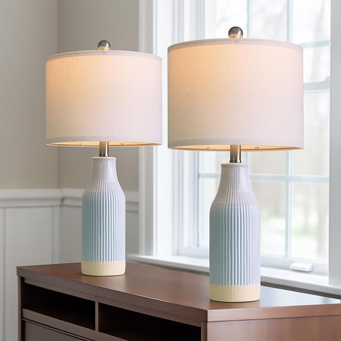 23.75inch Light Blue Modern Ceramic Bedside Lamp Set of 2 for Bedroom Decor Farmhouse Table Lamp for Living Room Office Dorm - Bloomnest