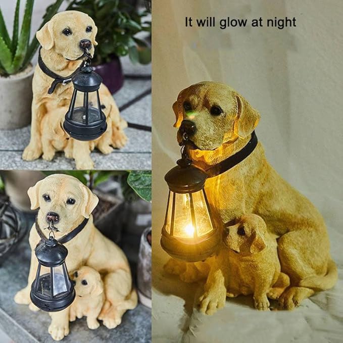 Dog Statues Outdoor with Solar Lights Lantern, Resin Dog Figurines Decorations for Yard and Lawn, Housewarming Gift for Garden Home - Bloomnest