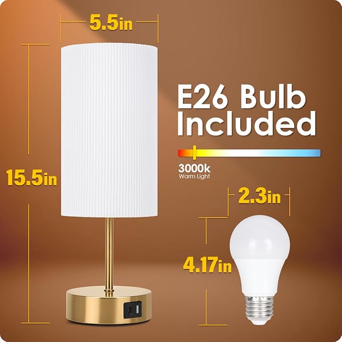 Bedside Lamp with USB port - Touch Control Table Lamp for Bedroom Wood 3 Way Dimmable Nightstand Lamp with Round Pleated Shade for Living Room, Dorm, Home Office (LED Bulb Included) (Pleated) - Bloomnest