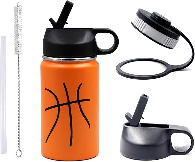 12 oz Basketball Water Bottle, Sports Flask Metal Travel Tumbler with 2 Lids, Stainless Steel Double Wall Vacuum Insulated Thermo Water Bottles, Basketball Accessories Stuff Gifts for Mom Boys Girls - Bloomnest