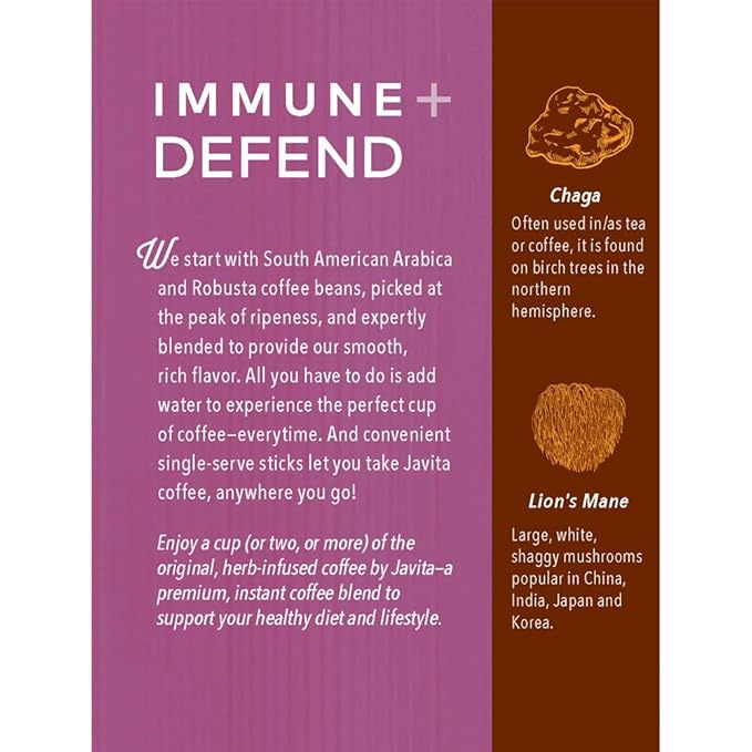 Mushroom Coffee by Javita, Immune & Defend Blend of Chaga, Lion's Mane and Dark Roast Coffee for Morning Boost, Antioxidant Support; Keto-friendly, 24 (3.5g) Sticks, 2 boxes - Bloomnest