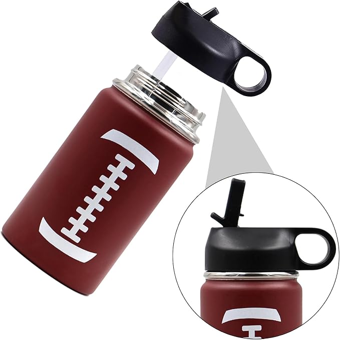 12 oz Football Water Bottle with Straw, Sports Flask Metal Travel Tumbler with 2 Lids, Stainless Steel Double Wall Vacuum Insulated Leak Proof Thermo Water Bottles, Football Gear Gifts for Boys Girls - Bloomnest