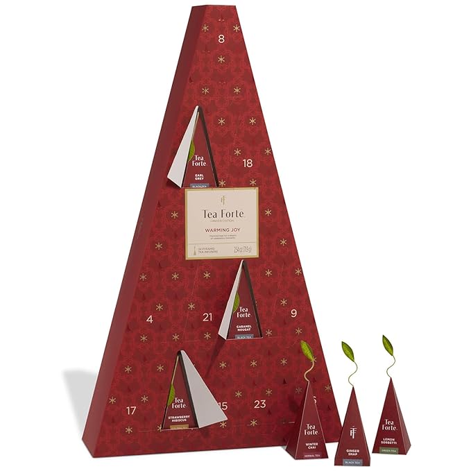 Tea Forte Tea Advent Calendar Gift Set; 24 Individually Wrapped Handcrafted Assorted Pyramid Infuser Tea Bags with Numbered Doors, Warming Joy - Bloomnest