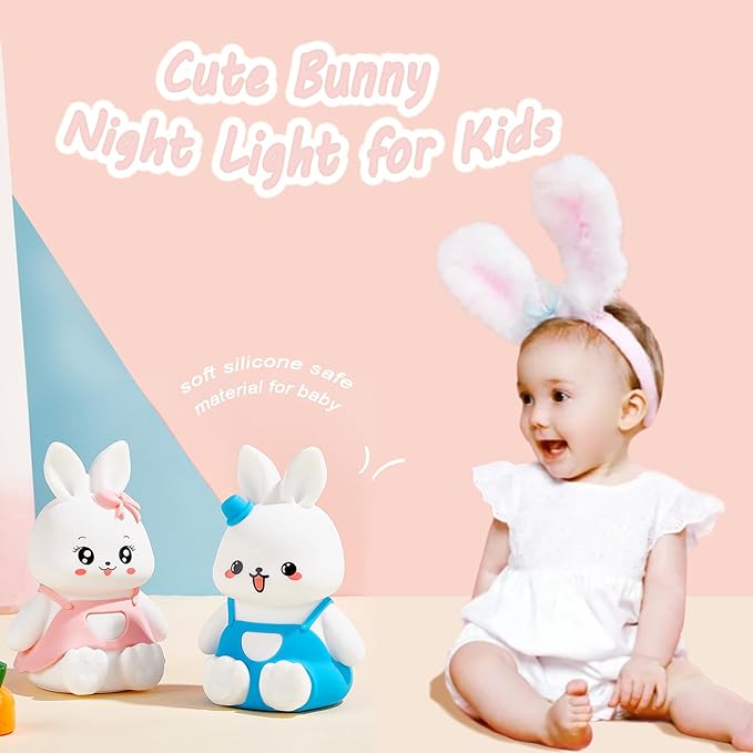 Night Light for Kids Bunny Lamp, Cute Easter Gifts for Girls,Rechargeable Baby Nursery Nightlight for Bedroom, Animal Silicone Kids Lamp Kawaii Room Decor - Bloomnest