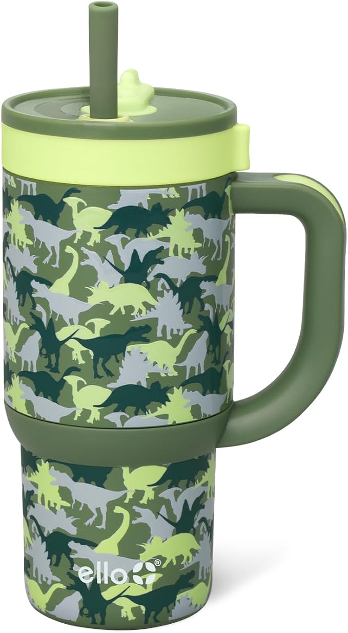 Ello Oasis 14oz Stainless Steel Toddler Tumbler with Handle & Retracting Straw, 100% Leakproof, Double-Wall Vacuum Insulated, Kids Water Bottle for School, BPA Free, Dishwasher Safe, Dinos - Bloomnest