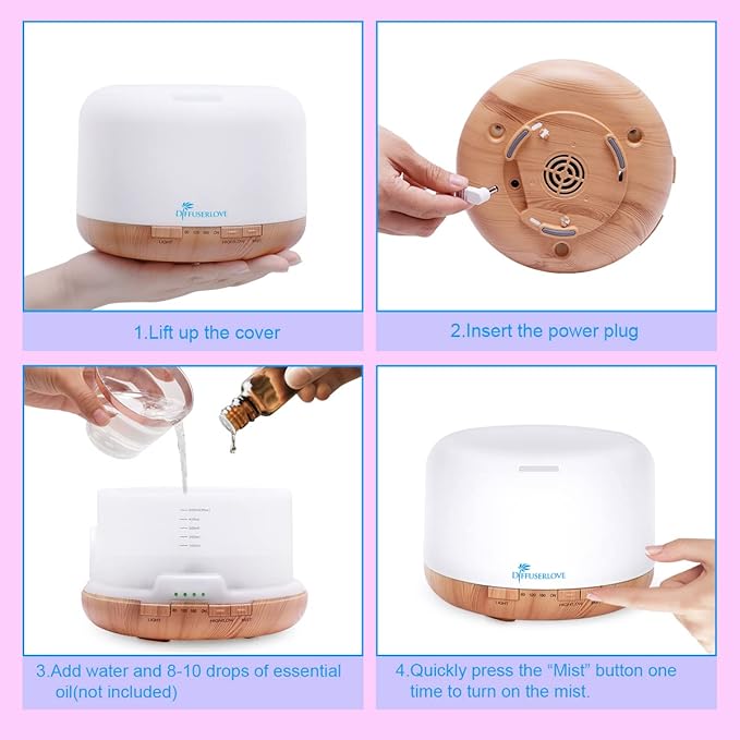 Diffuserlove Diffuser Essential Oil Diffusers 500ML Remote Control Aroma Diffuser Cool Mist Aromatherapy Diffuser with Mute Design, Timer and Auto Shut-Off for Office Living Room Yellow - Bloomnest