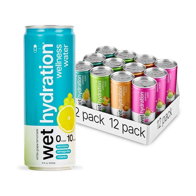 Wet Hydration, Zero Calorie, Functional Wellness Water - 4 Flavors Variety Pack (12 Ounce Cans, Pack of 12) - Flavored Water, Hydration Drink, No Sugar, No Artificial Ingredients, Zero Calories (Packaging May Vary) - Bloomnest