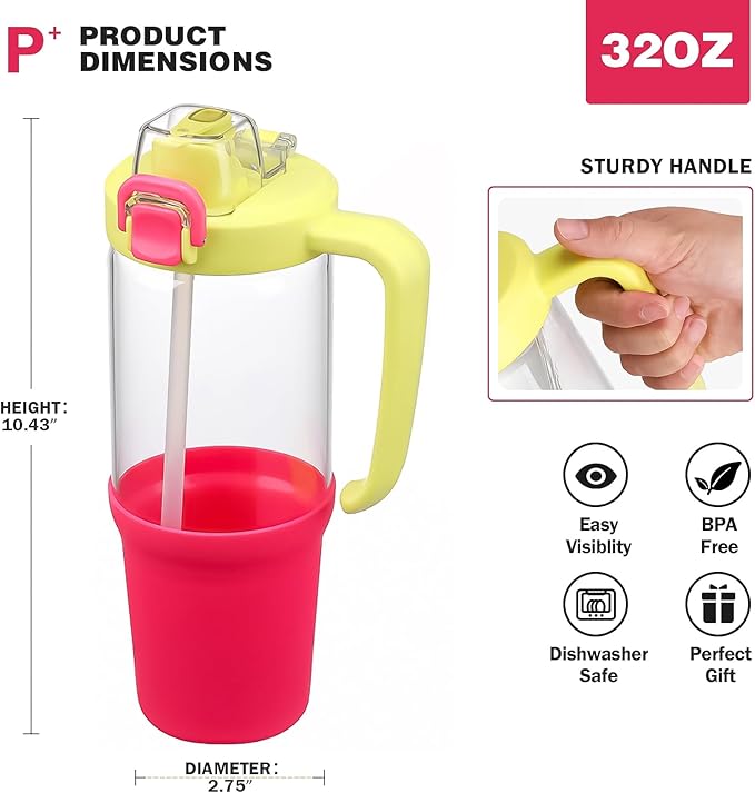 32 oz Glass Tumbler with Handle, 2-in-1 Straw and Sip Spout, Leakproof, BPA-Free Glass Water Bottle for Sports, Office, School, Bright Pink - Bloomnest