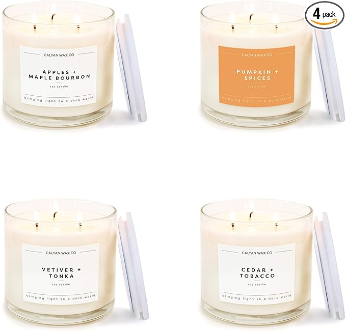 Calyan Wax Co. Fall Scented Candle Set, Fall Bundle of 4 Scented Candles, Bulk 3 Wick Candles, Non Toxic & Vegan Soy Wax, Candle Gift Set, 43 Hour Burn Time, 14.9oz Each - Bloomnest