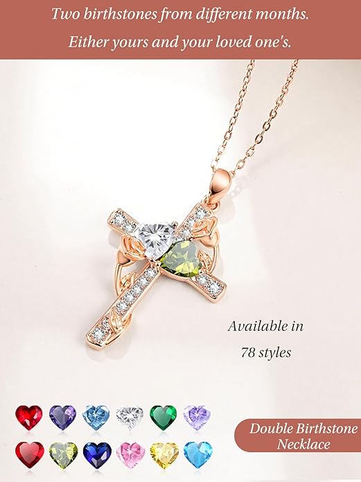 Rose Gold Dual Birthstones Cross Necklace for Women Rose Flower Jewelry Anniversary Christmas Mother's Valentine's Day Birthday Gift for Wife Girlfriend Mom - Bloomnest