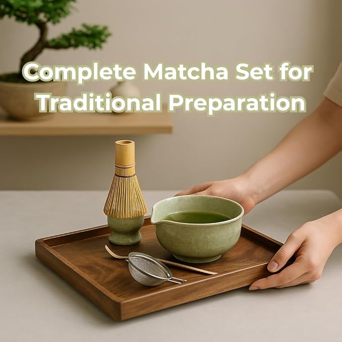 Dreizehn Matcha Whisk Set – 5 Piece Matcha Kit with Bowl, Whisk, Scoop, Sifter & Jar – Japanese Style Tea Set for Making Smooth and Frothy Matcha Green Tea at Home or as a Gift, Mottled Green - Bloomnest