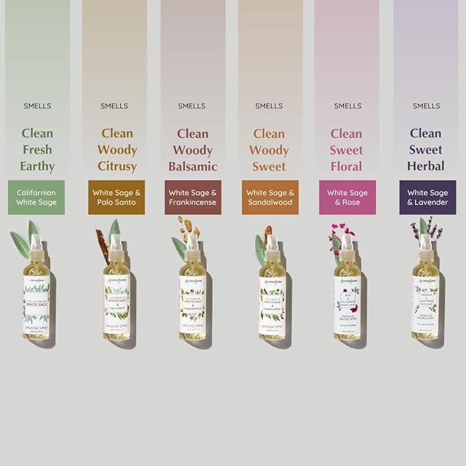 White Sage Smudge Spray Gift Set by Aromafume | 6x50ml/1.7 fl oz | White Sage with Rose, Lavender, Palo Santo, Sandalwood, Frankincense | Sprays for Cleansing Negative Energy & Protection Aromafume