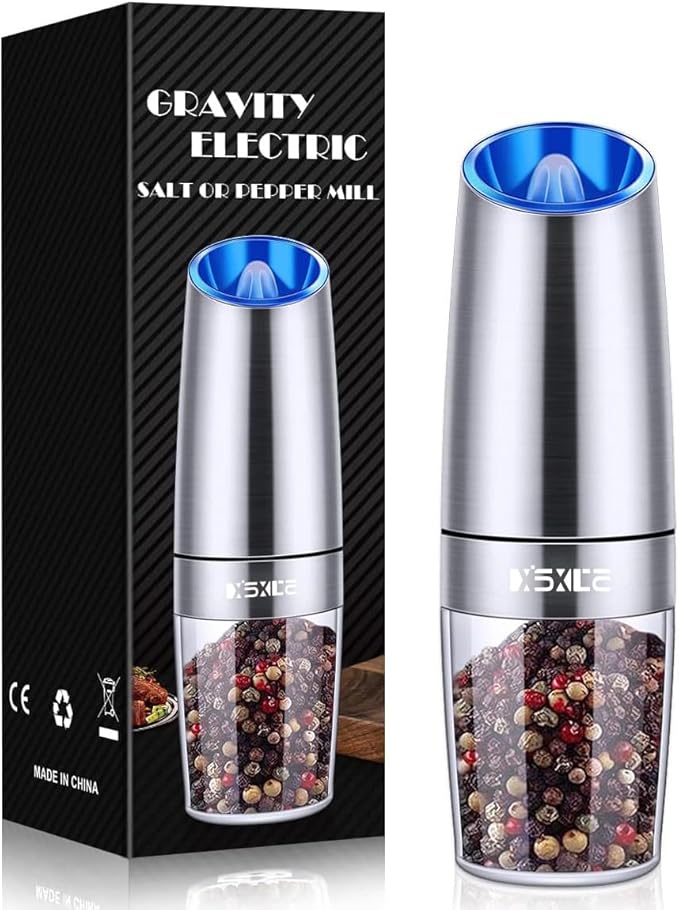 XinXu Gravity Electric Pepper/Salt Grinder, Salt and Pepper Mill & Adjustable Coarseness, Battery Powered with LED Light, One Hand Automatic Operation, Stainless steel - (Single/Silver) - Bloomnest