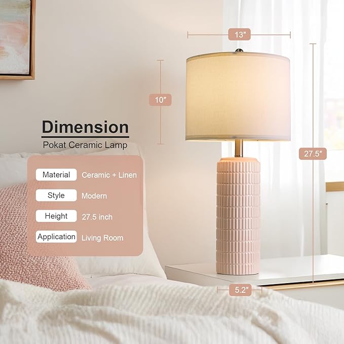 PoKat 27.5" Pink Ceramic Table Lamps for Girls Room Set of 2, Modern Bedroom Lamps, Bedside Lamps for Night Stands Living Room, Cute Lamps Pink Decor, Nightstands Desk Nursery - Bloomnest