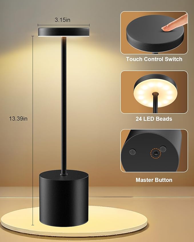 Cordless Table Lamps Rechargeable, Portable LED Desk Lamp, 5000mAh Battery Powered Wireless Table Light - 3 Color Dimmable Lighting for Restaurant Dining Patio Outdoor Bedroom(Black) - Bloomnest