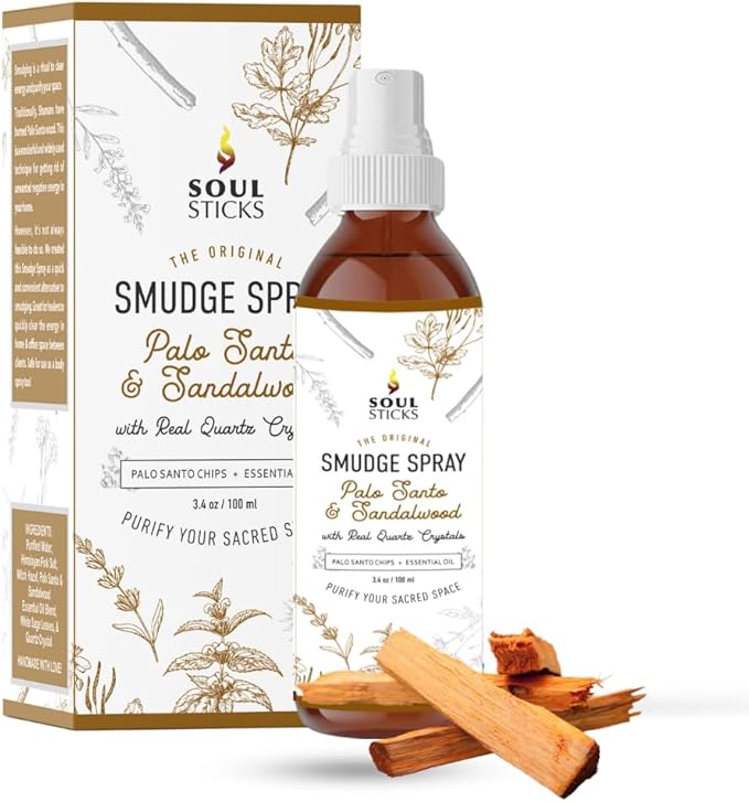 SOUL STICKS Palo Santo & Sandalwood Smudge Spray For Cleansing and Negative Energy | 3.5oz Palo Santo Spray with Real Quartz Crystals | Sage Room Spray for Spiritual Cleansing and Purifying Home Car SoulSticks