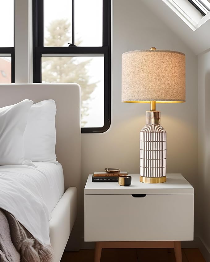 25" Table Lamps Set of 2, Modern Ceramic Bedside Lamps - Farmhouse Brown Nightstand Lamps for Bedroom, Boho Living Room End Table & Office Desk Decor - Bloomnest