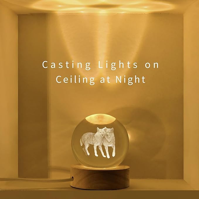 3D Wolf Crystal Ball with LED Light Base, 60mm Glass Sphere Decorative Balls, Wolf Figurine Lamp Gifts for Women Kids - Bloomnest