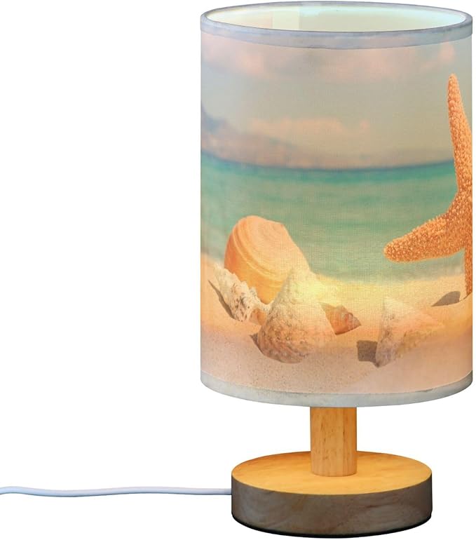 Table Lamp Ocean Beach Starfish Seashell Stone Blue Sky Nightstand Lamp with Wood Base Fabric Lamp Shade Bedside Desk Lamp for Living Room Bedroom Kids Room Office - Bloomnest