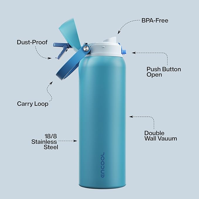 Insulated Water Bottle with Straw - Encool Stainless Steel Water Bottle with Push Button Lid, Leak-Proof & BPA-Free, Keeps Cold for 24 Hours for Sports, Travel, Gym (40 oz, Silk Blue) ENCOOL