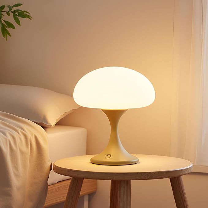 Mushroom Lamp, 5W LED Cordless Rechargeable Table Lamp with Glass Shade, Small Retro Dimmable Touch Light with 3 Color Temps, Aesthetic Mid Century Bedside Light for Bedroom Ambient, Mustard - Bloomnest